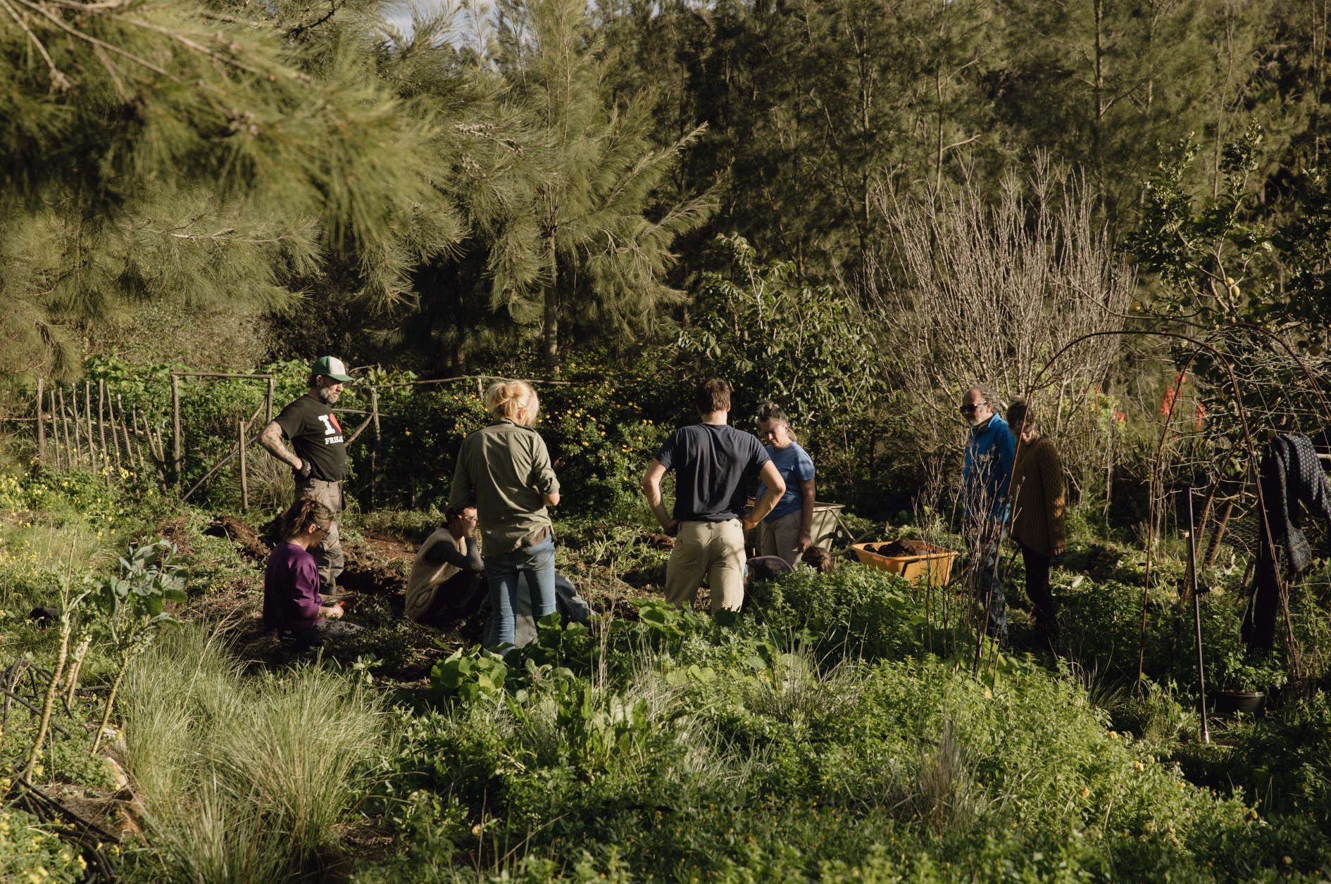Students with wheelbarrows gathered around facilitator Kyle in a large permaculture vegetable garden with multiple raised beds