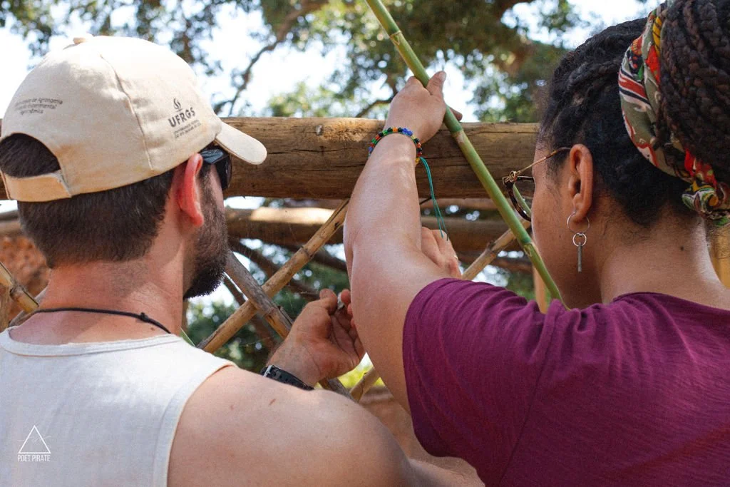 students of natural building course working on a timber frame structure