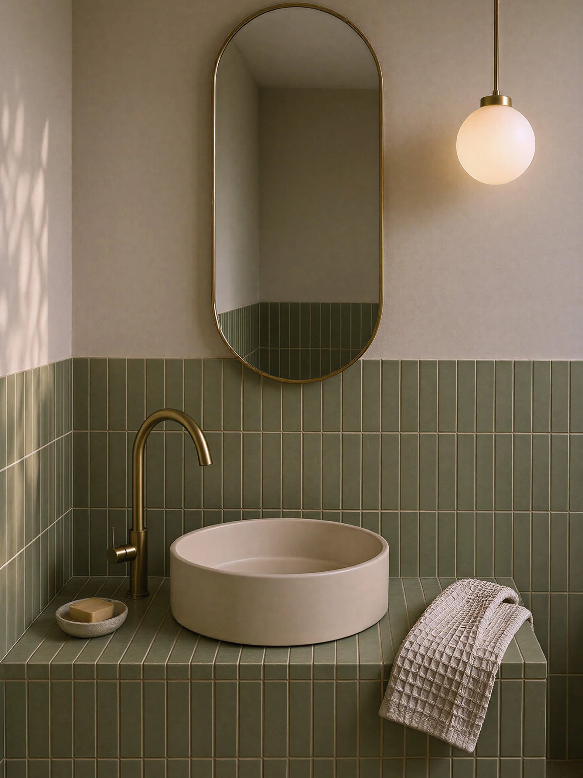 Contemporary bathroom featuring round concrete vessel sink in Driftwood