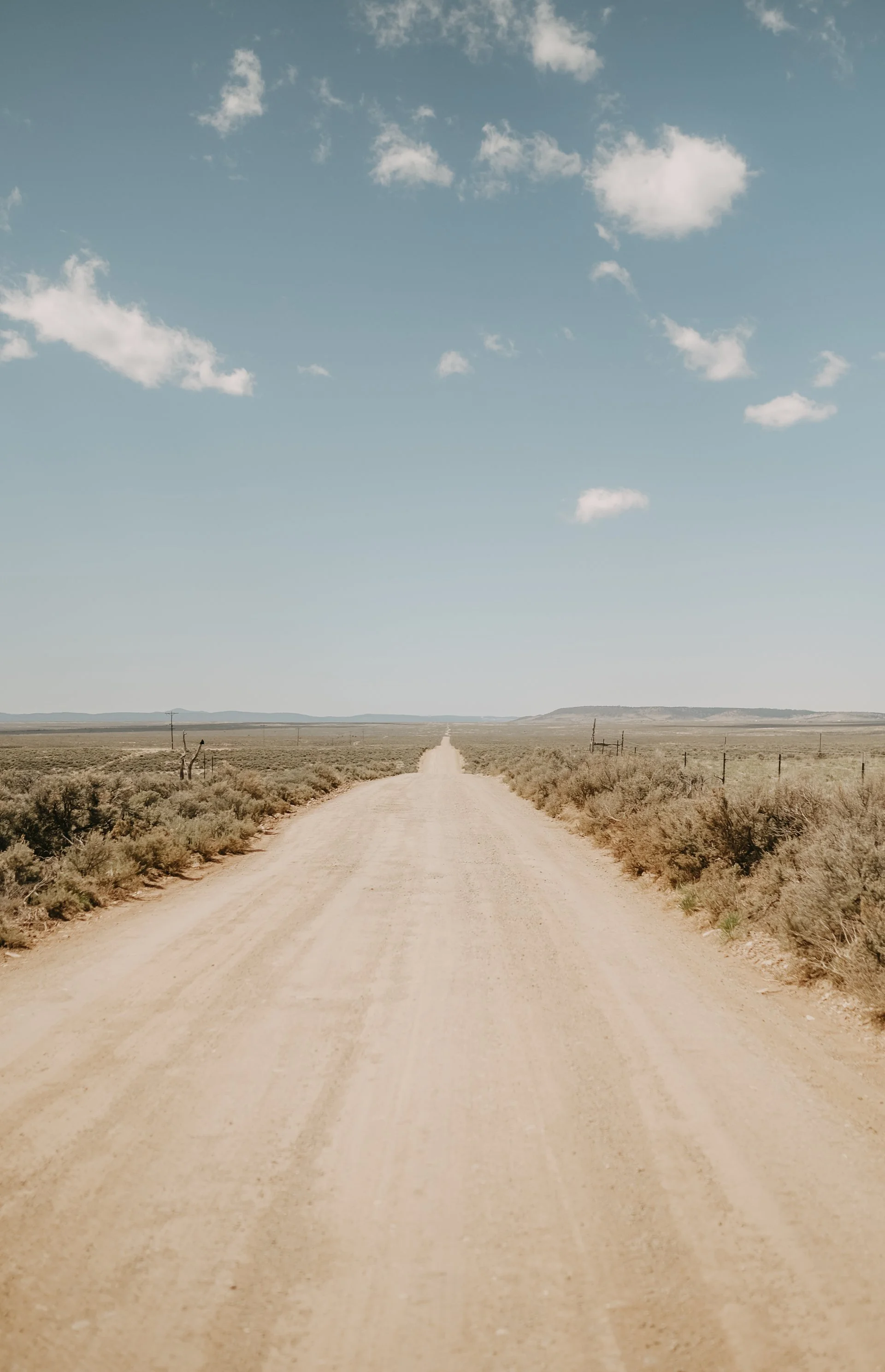 Remote dirt road stretching through high desert landscape beneath an open blue sky in the American West.