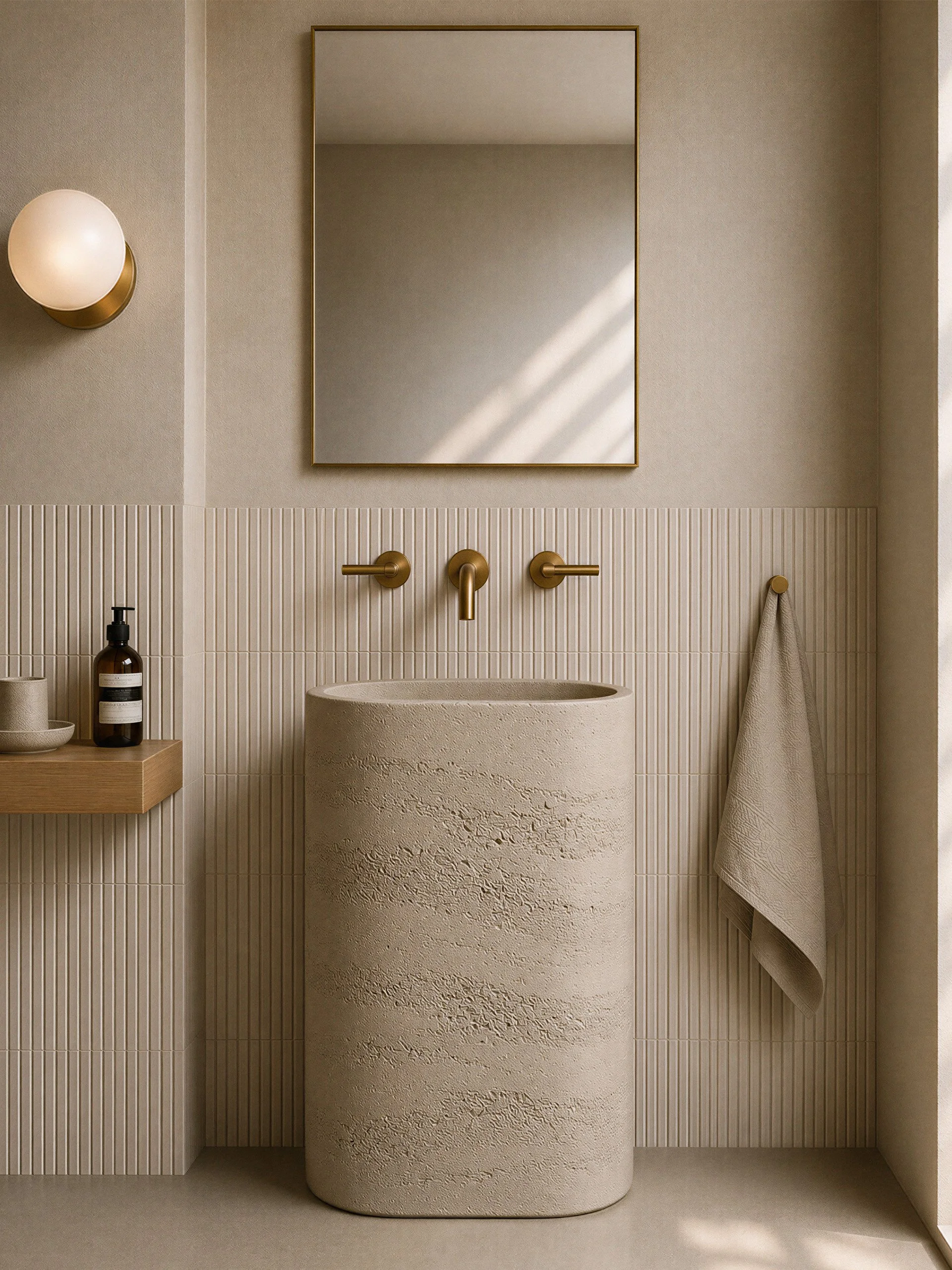 Strata Collection concrete pedestal sink in a warm neutral bathroom with textured vertical tile, brass wall-mounted faucet, and soft natural light. Coming Soon.