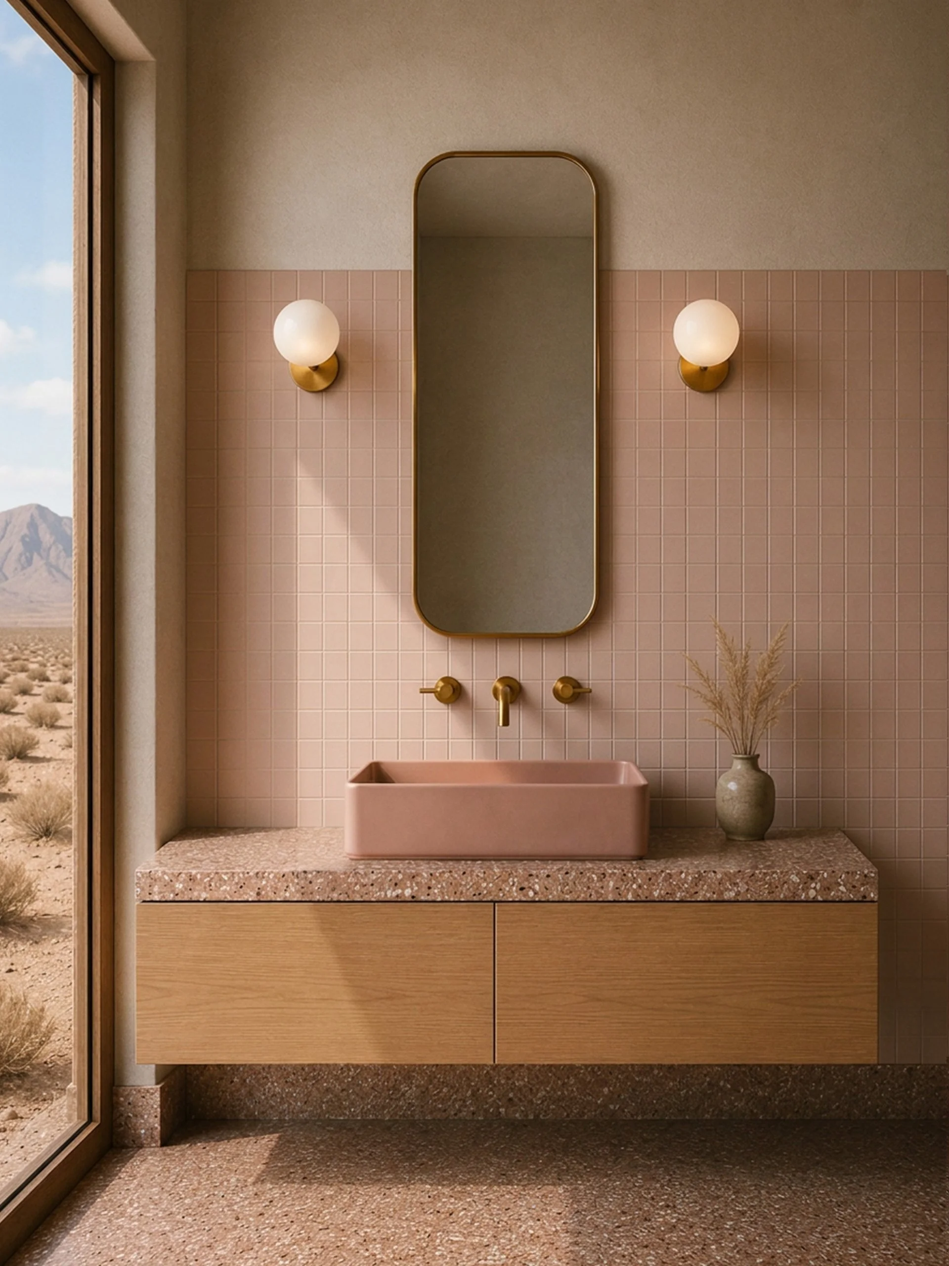 Warm modern bathroom with blush pink concrete sink, vertical pink tile, terrazzo countertop, oak vanity, and desert landscape view.