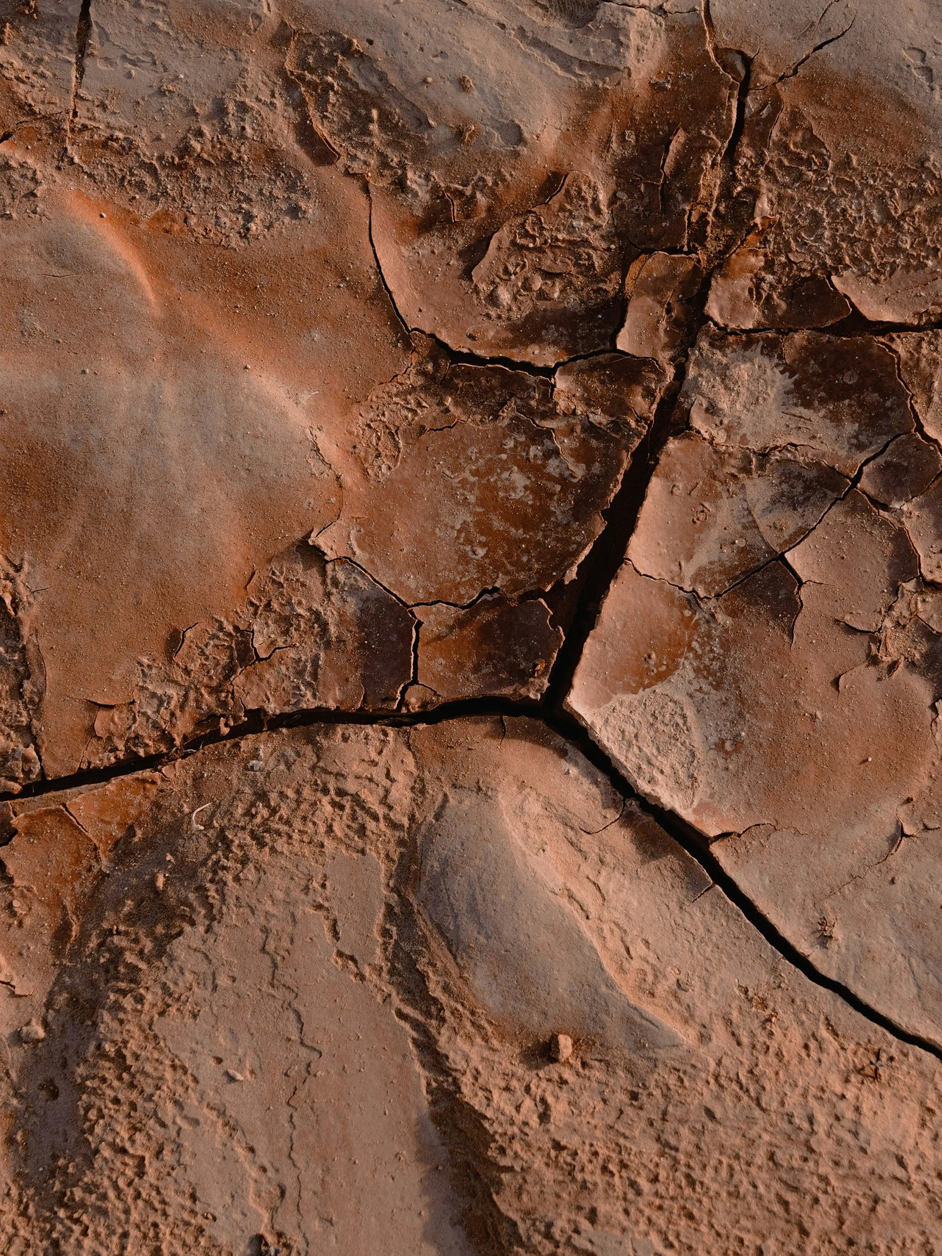 Close-up of cracked desert earth and mineral textures inspired by weathering, erosion, and natural sediment patterns.