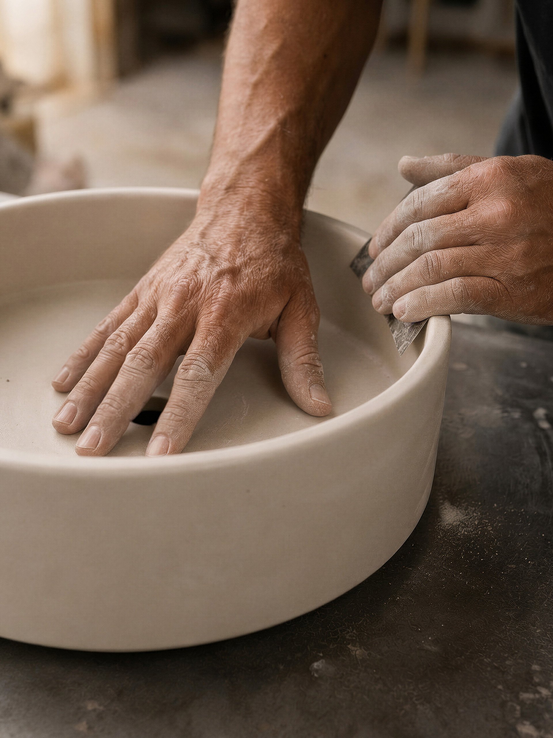 Hands sanding a handcrafted concrete sink in the Modterra studio during the finishing process.
