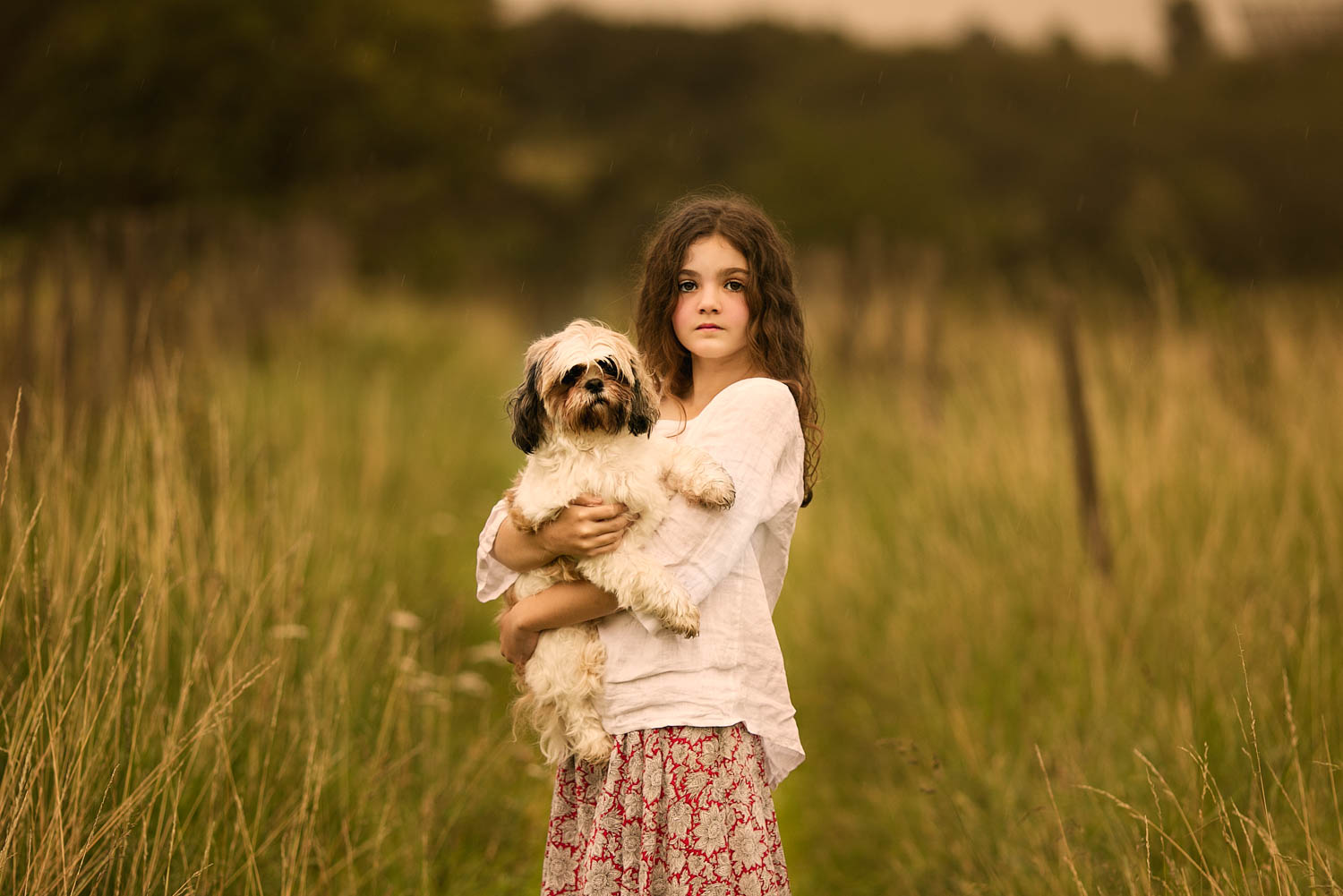  Young girl holding pet dog during a child portrait photography session. 