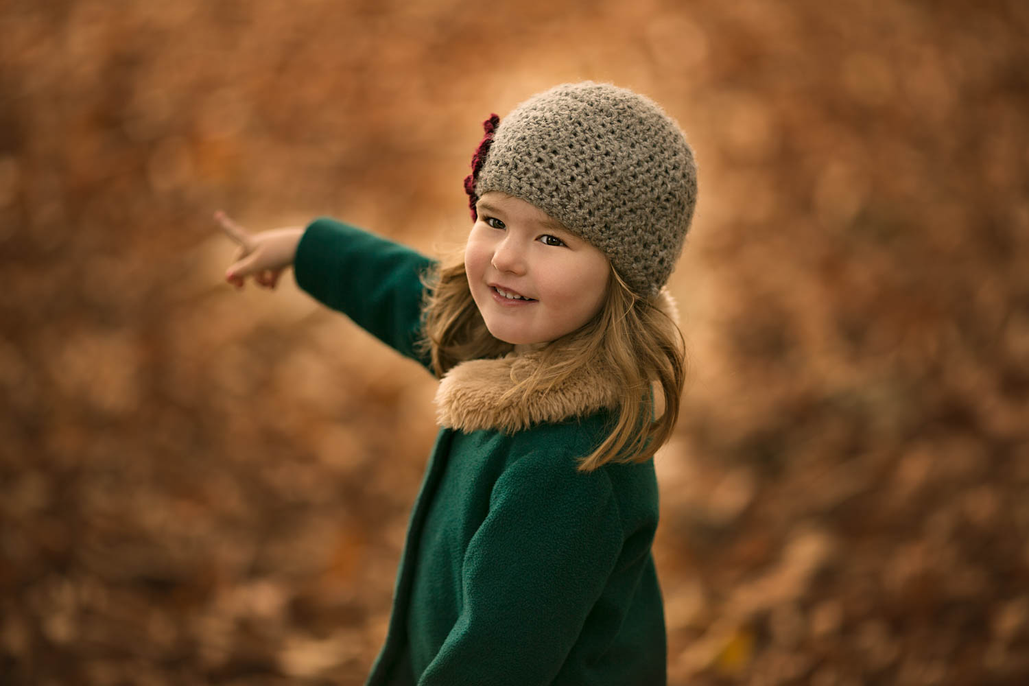  Little girl pointing, against beautiful autumn colours during family photoshoot at Ampthill Park in Bedford. 