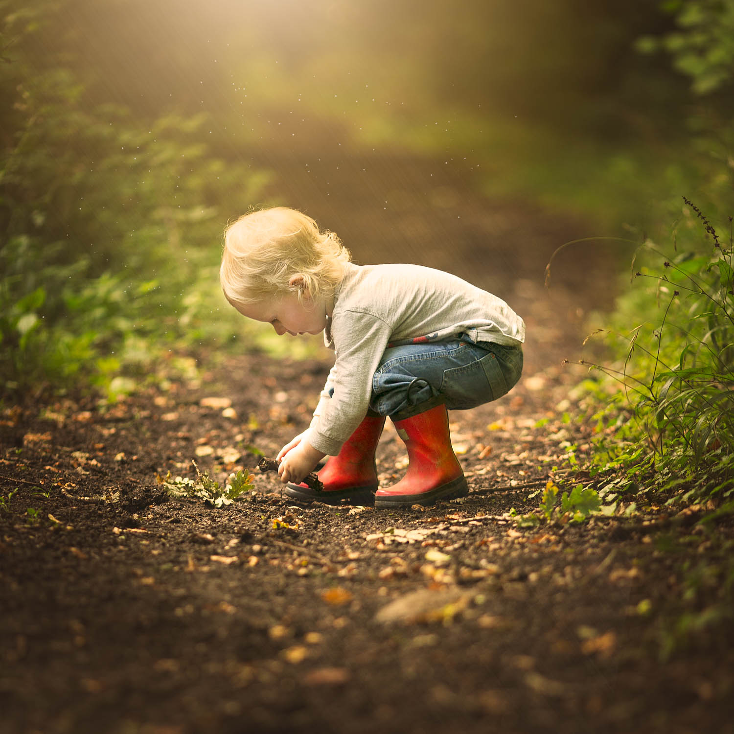  Child picking up leaves in red wellies during a photoshoot in Olney Buckinghamshire. 