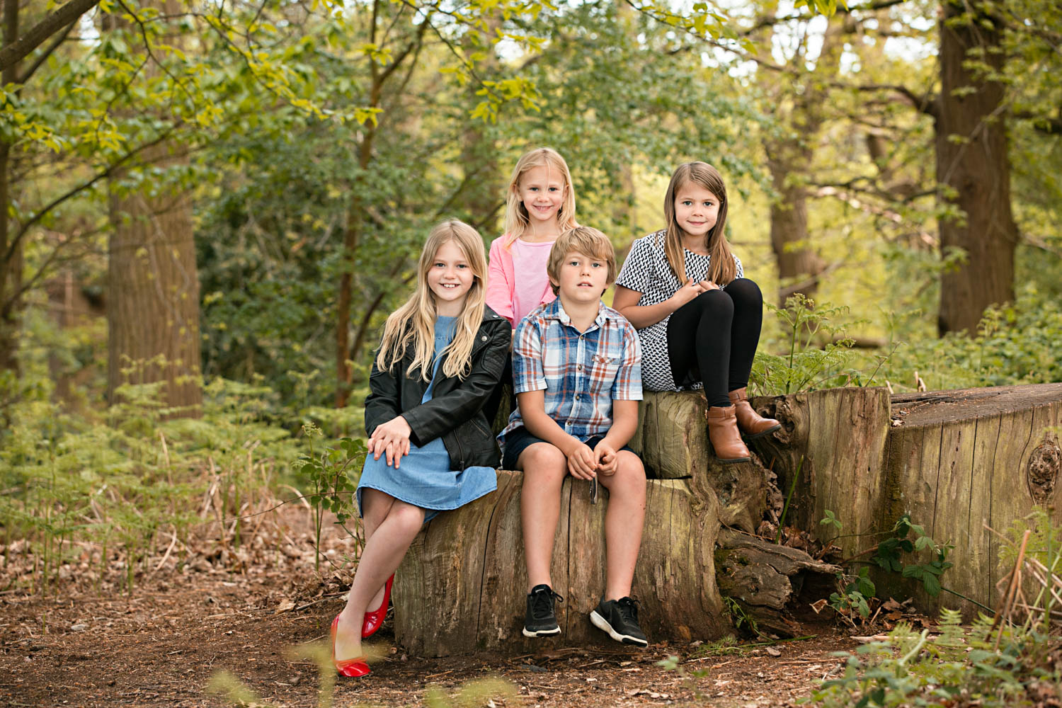  Siblings posing for a family portrait during a photoshoot at Ampthill Park in Bedford. 