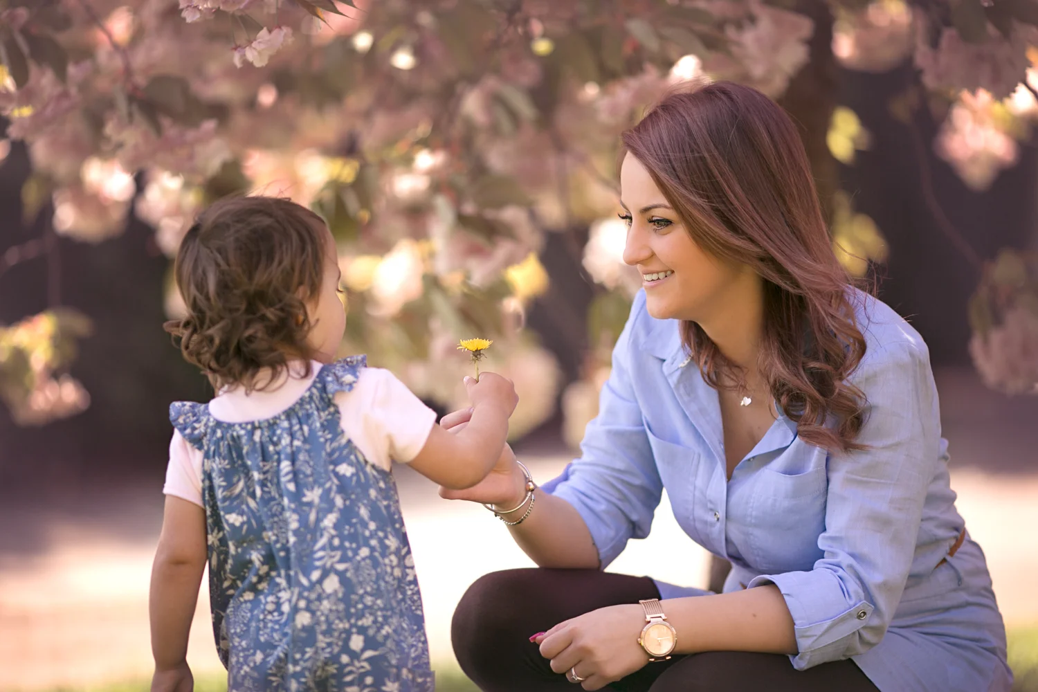 Mum and Daughter amongst the blossom during spring photoshoot in Bedford Park