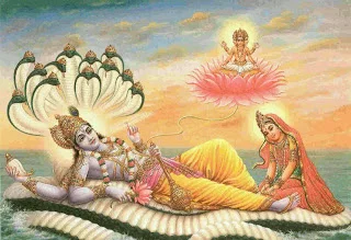 The god Narayan, resting on the great snake Ananta after giving birth to Lord Brahma.