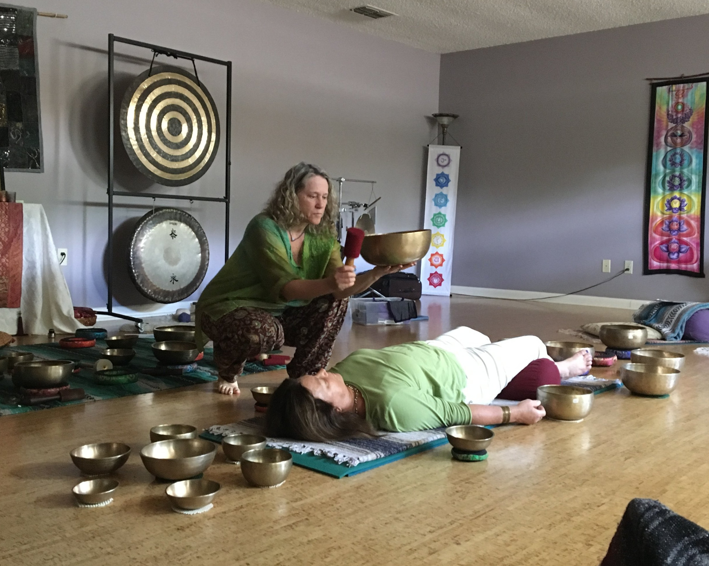 Giving a demo sound session -Healing With Tibetan Singing Bowls workshop- Tallahassee, FL 2019