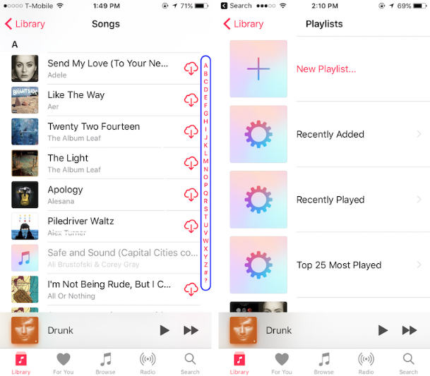 Left: Alphabetical index in songs list; Right: No index = more work for the user