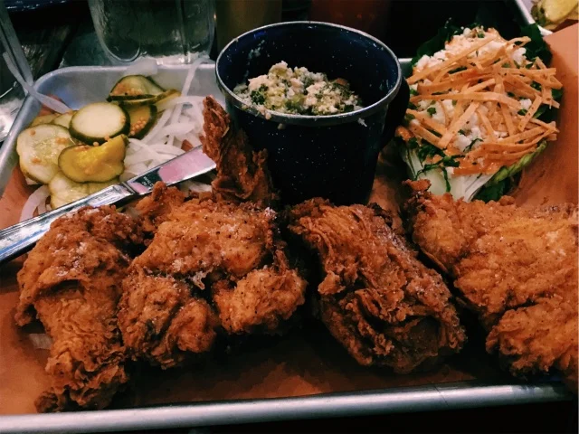 SWEETCHEEKS - FRIED CHICKEN, BROCCOLI AND CHEESE SOUFFLE, CAESAR SALAD WEDGE