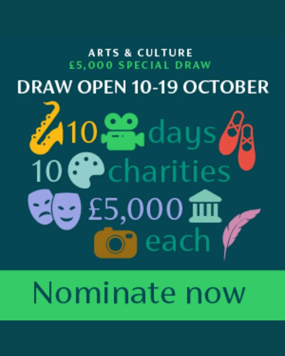 ✨ Nominate us to receive &pound;5,000! ✨

@benefactgroup have launched a special draw for charities making a difference in arts, culture and heritage! There is &pound;5,000 available for ten charities and we would love to be one of them!

All you hav