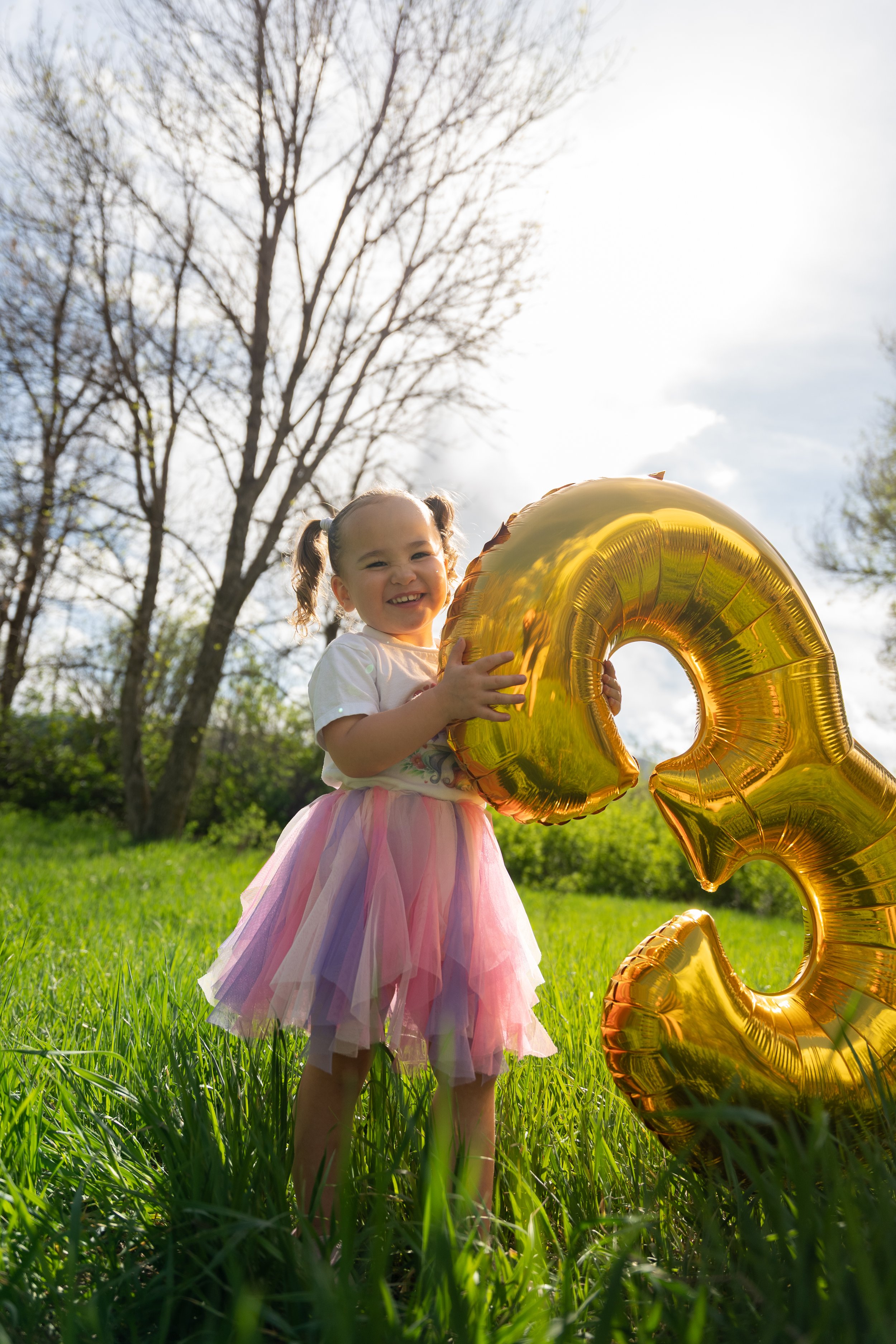 A young girl in a pastel pink and purple tulle dress holding a gold foil number 3 balloon, standing in a green grassy field with trees and a cloudy sky in a sunny outdoor setting.