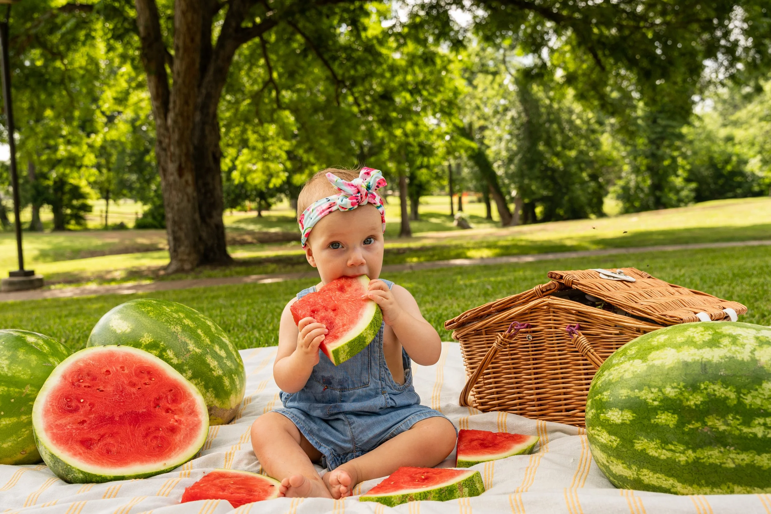 A young girl sitting outdoors on a blanket, eating a slice of watermelon. She is wearing a colorful headband and denim overalls. Surrounding her are sliced and whole watermelons, with a basket nearby. The background features a park with tall trees and green grass.