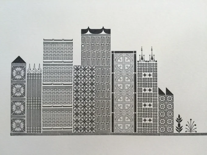 Letterpress print of city made with border type