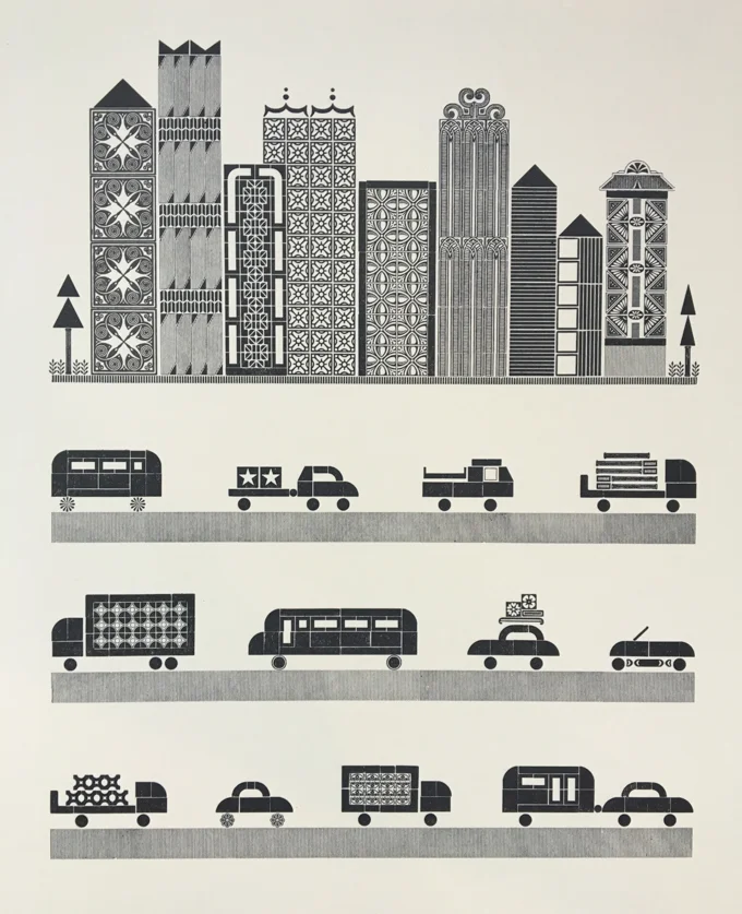 Letterpress print of a city and traffic made from handset type.