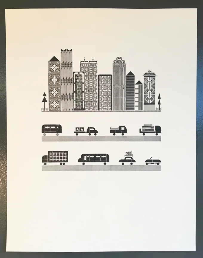 Work in progress: Letterpress print of city and two rows of traffic
