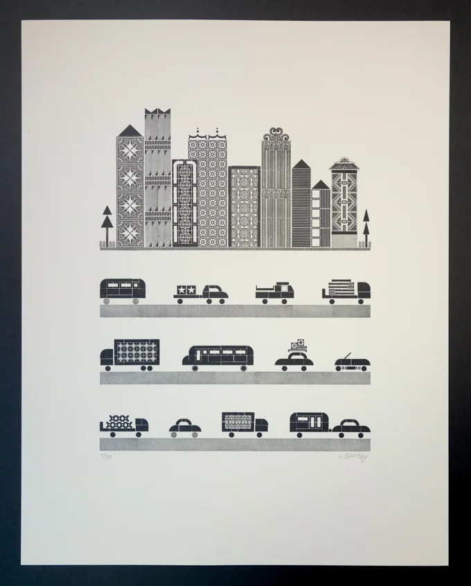 Letterpress print with city and traffic