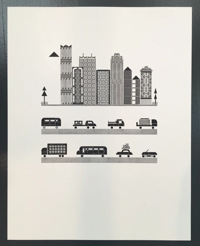 Work in progress: Letterpress print of some of city and two rows of traffic