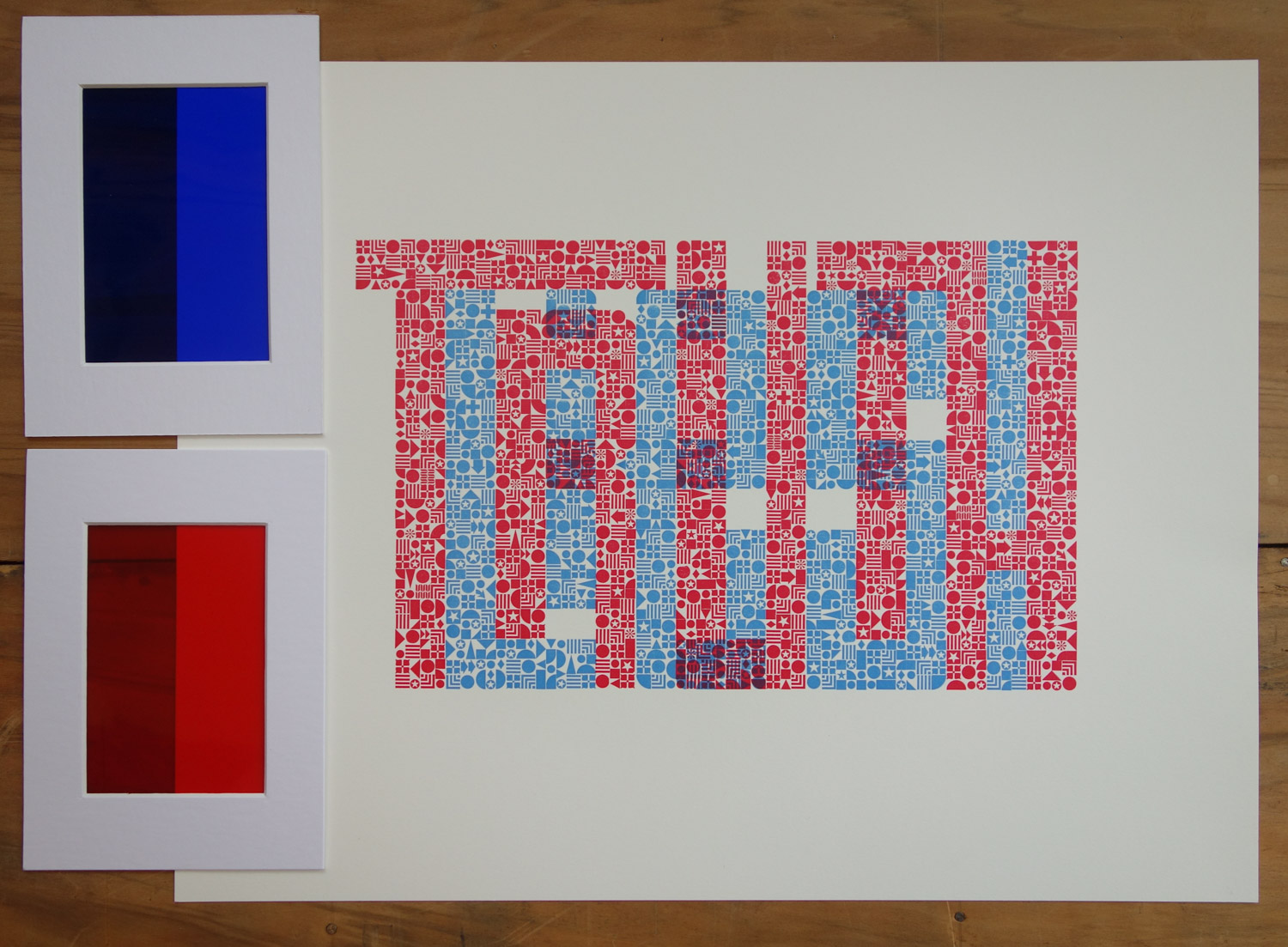 Letterpress print in red and blue ink spelling "Truth" and "Lies!"