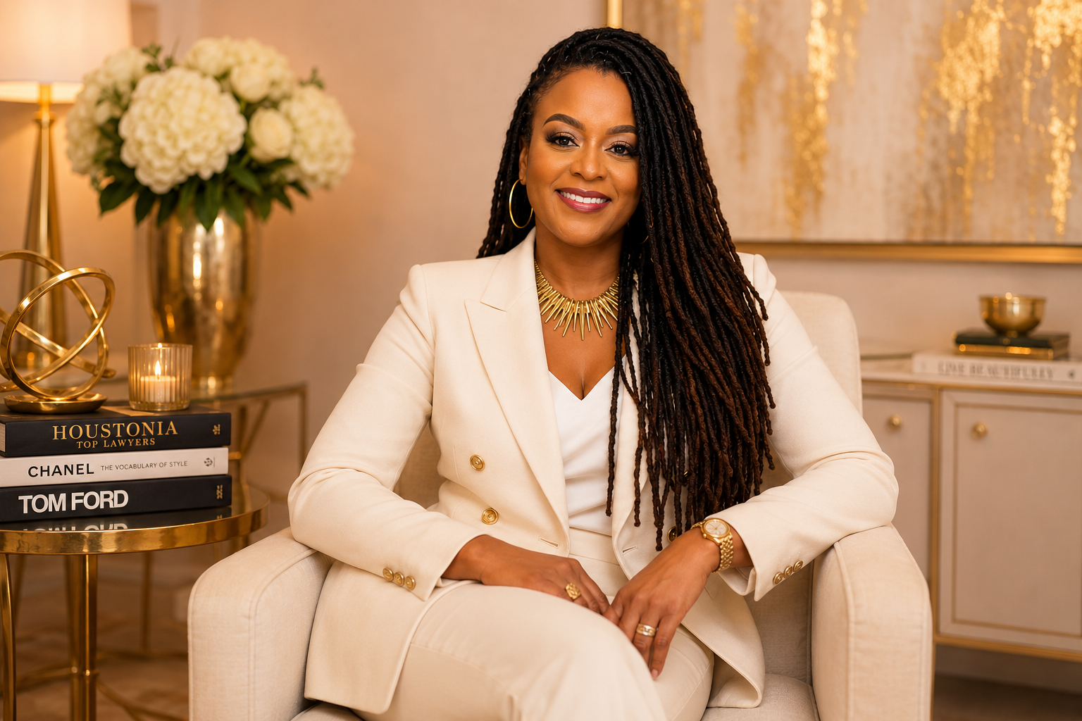 Black woman immigration attorney sitting for a professional photo