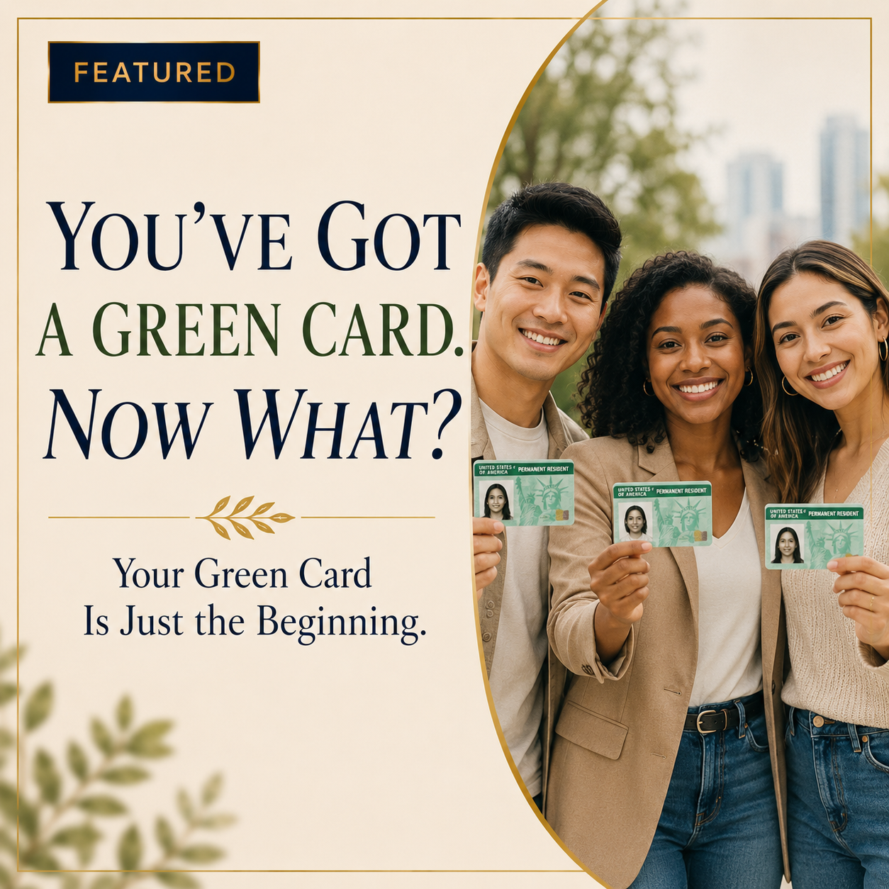 Three   Young People of Asian, African, and Hispanic Descent Holding Green Cards