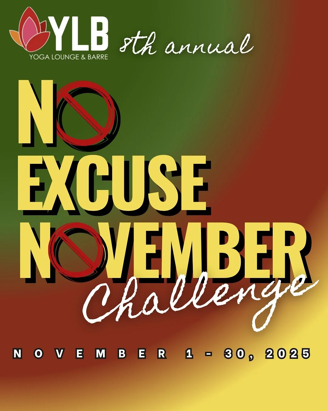 It's time. NO EXCUSE NOVEMBER. 
Are you stronger than your excuses?
Join our month-long challenge and prove it to yourself. 💪✨

✔️ Bet against your excuses
✔️ Show up for YOU
✔️ Track points &rarr; Earn prizes
✔️ Surprise bonus point opportunities a