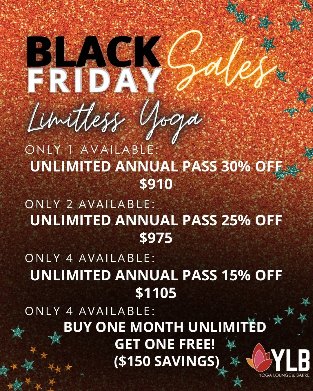 ✨ One Day Only: 8:00AM-MIDNIGHT🖤 

Go all-in on movement, community, and growth. Go all-in on YOU!

🎁 SALE LINE-UP:

&bull; Limitless Annual Pass: 30% off &rarr; $910 for 12 months of unlimited classes. 

(Only 1 available!)

&bull; Limitless Annua