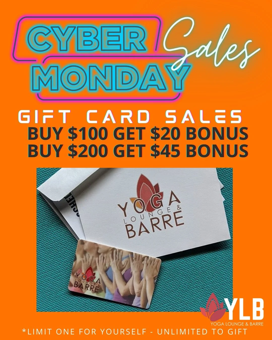 ⚡️Cyber Monday will be all about giving the gift of peace.🎁

Grab your gift card and bonus deal 12/1:
🧘&zwj;♀️ $100 gift card &rarr; $120 value*
🧘&zwj;♂️ $200 gift card &rarr; $245 value*
➡️New clients? 10 days for just $10 (activates on your firs