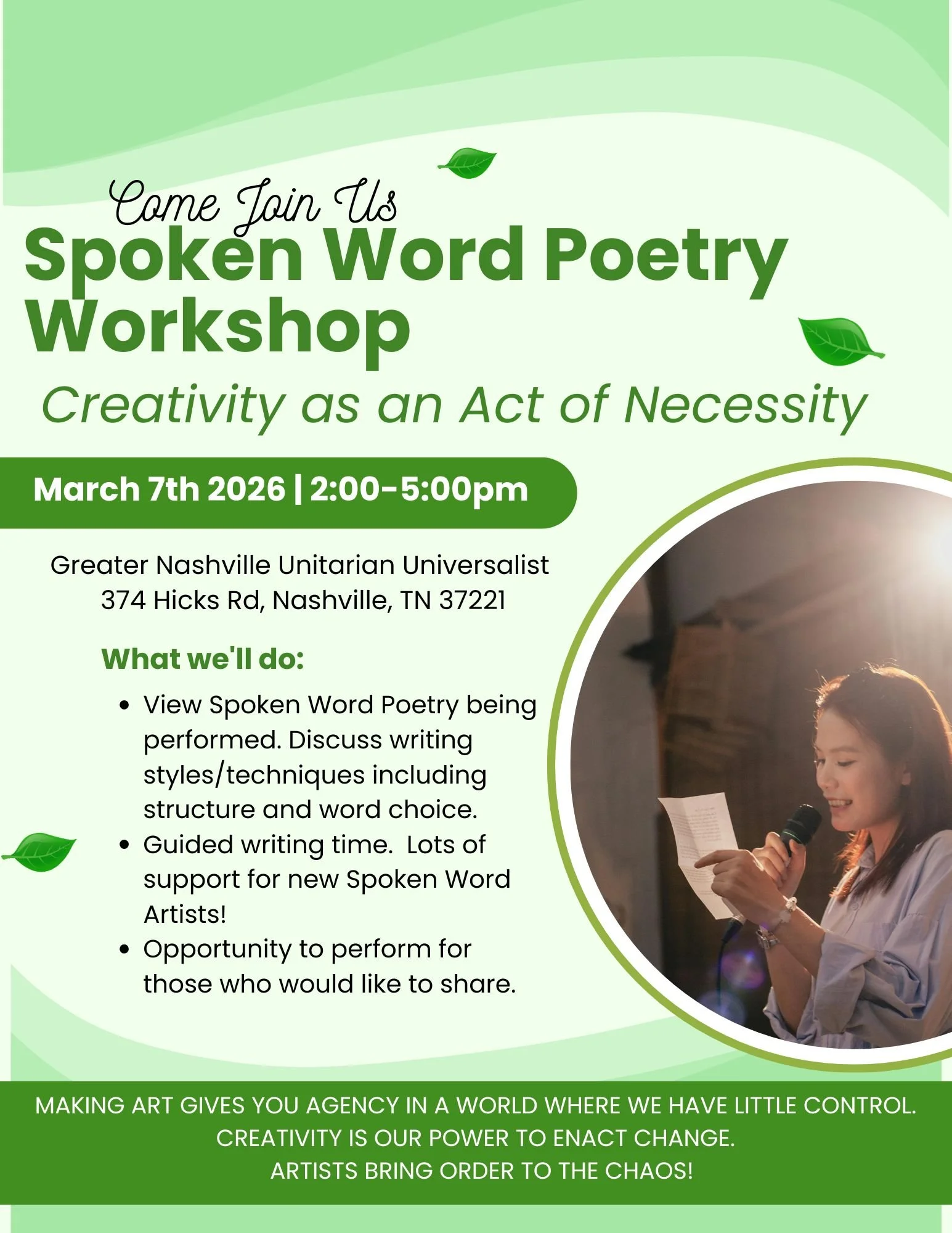 Sat., Mar. 7, 2 -5 PM: Spoken Word Poetry Workshop