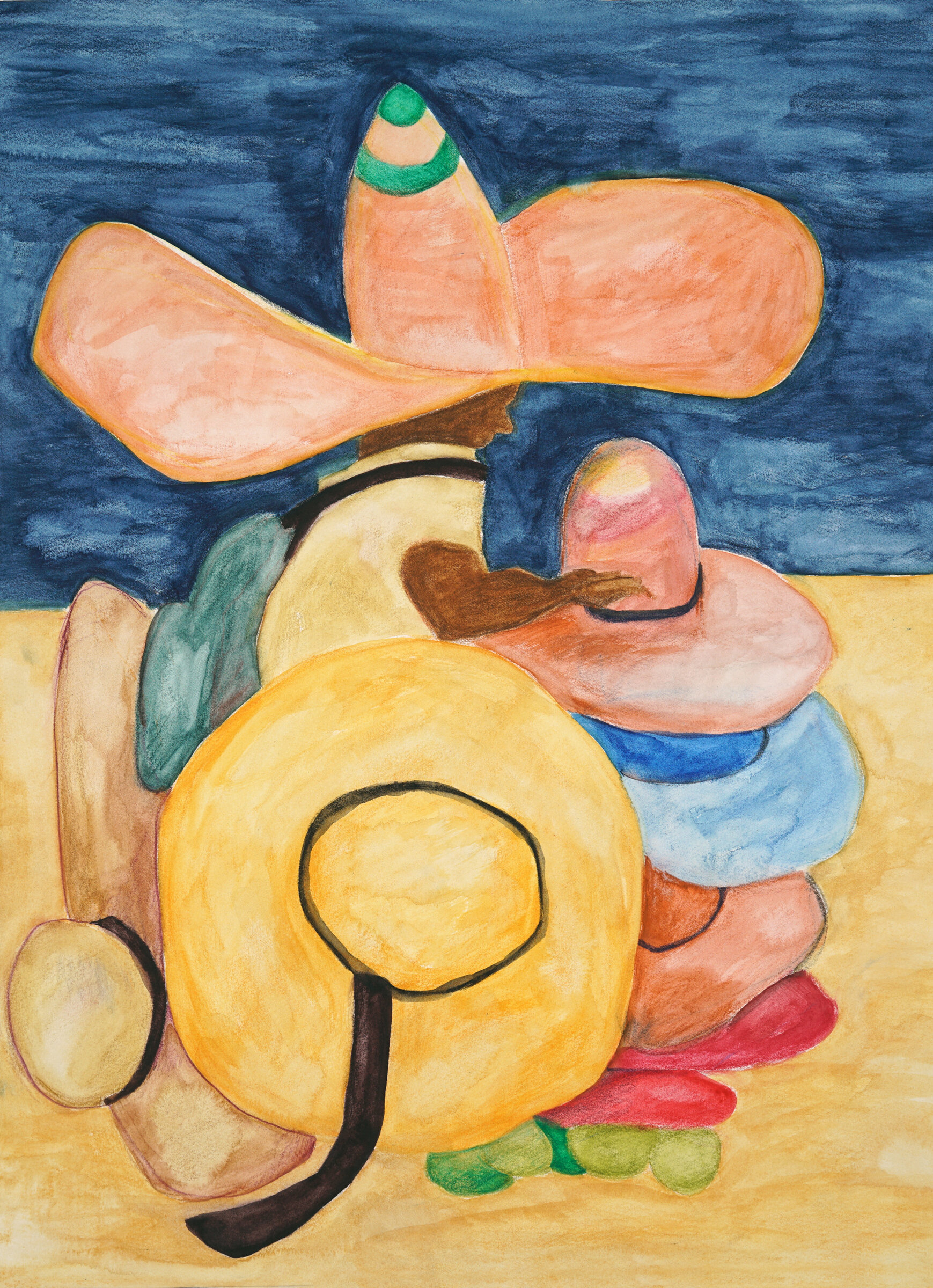  Hat Vendor,  2019, watercolor pencil and ink on paper 36 x 30 in. 