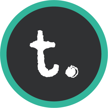 Lowercase "t" and period in stylized font on black circle with teal border.