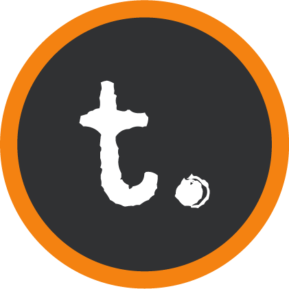 A stylized letter "t" with a dot in lowercase inside a black circle bordered by orange.