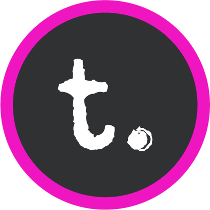 A lowercase letter 't' and a dot on a dark circular background with a pink border.