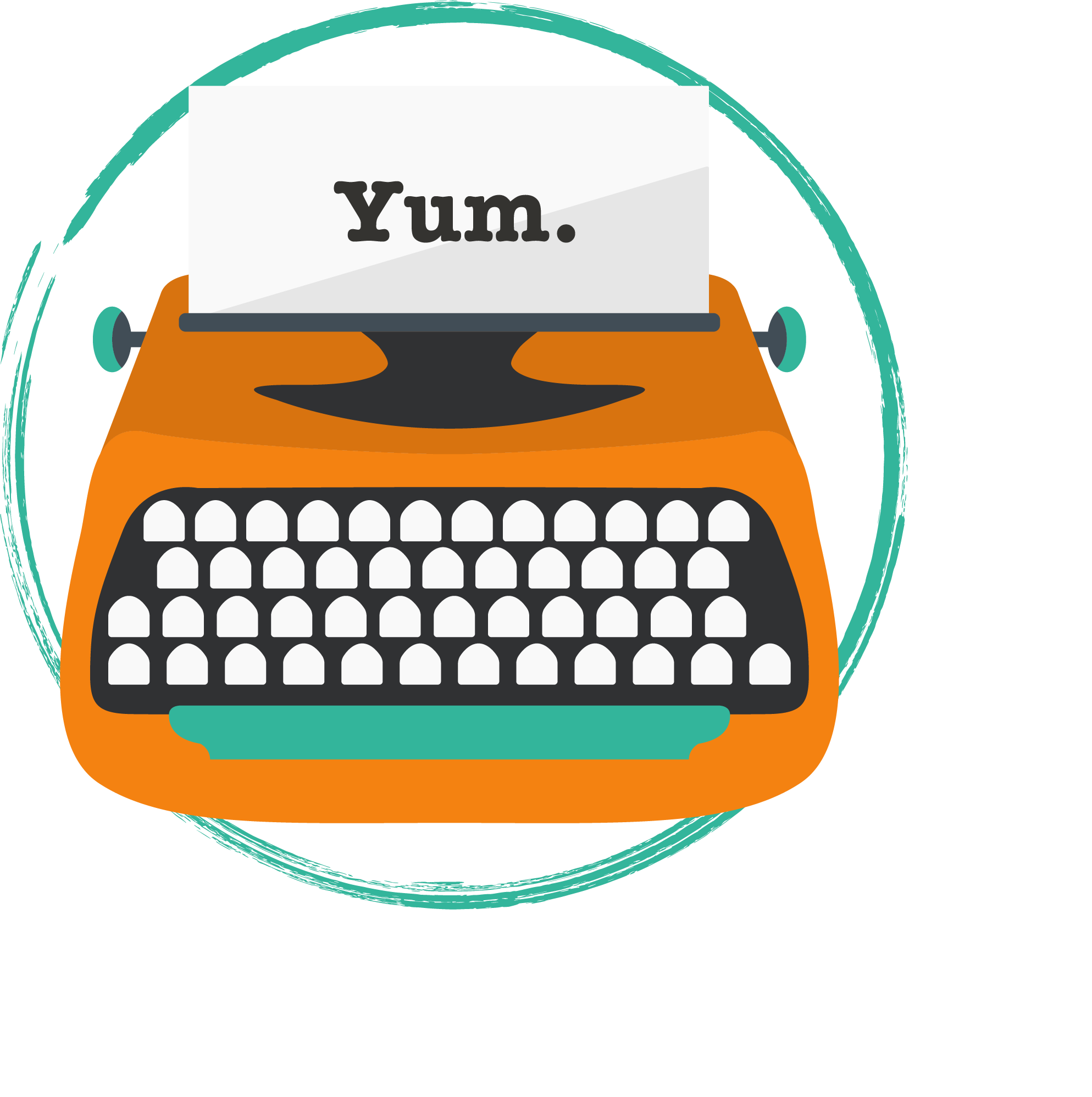 Illustration of an orange typewriter with a paper reading 'Yum.' surrounded by a green circle.
