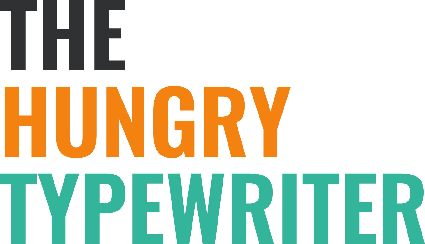 "The Hungry Typewriter" text in black, orange, and teal on a white background.