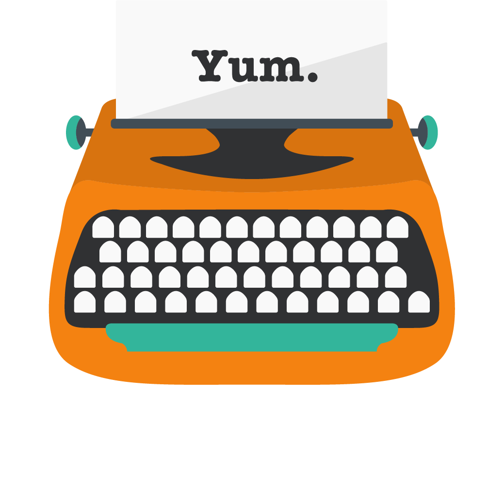 Illustration of an orange typewriter with a paper showing the word "Yum."