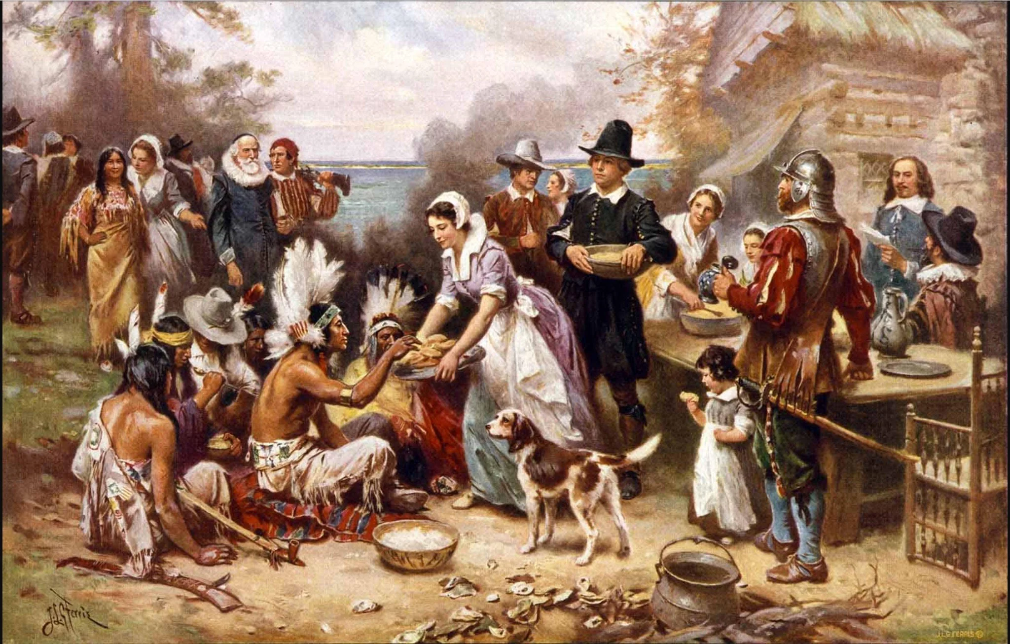"The first Thanksgiving" (1915) by Jean Louis Gerome Ferris. American painter (1863-1930). 