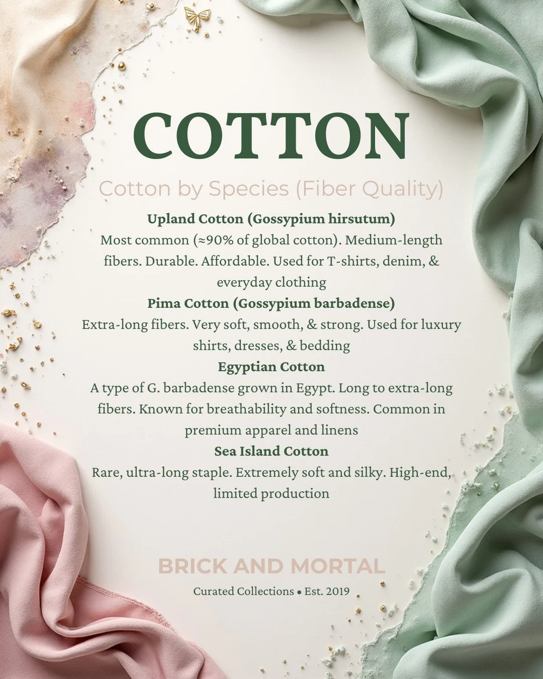 Continuing our deep dive into COTTON this month. Last month we highlighted WOOL. Stay tuned this week for more insight into the fabric of our lives!