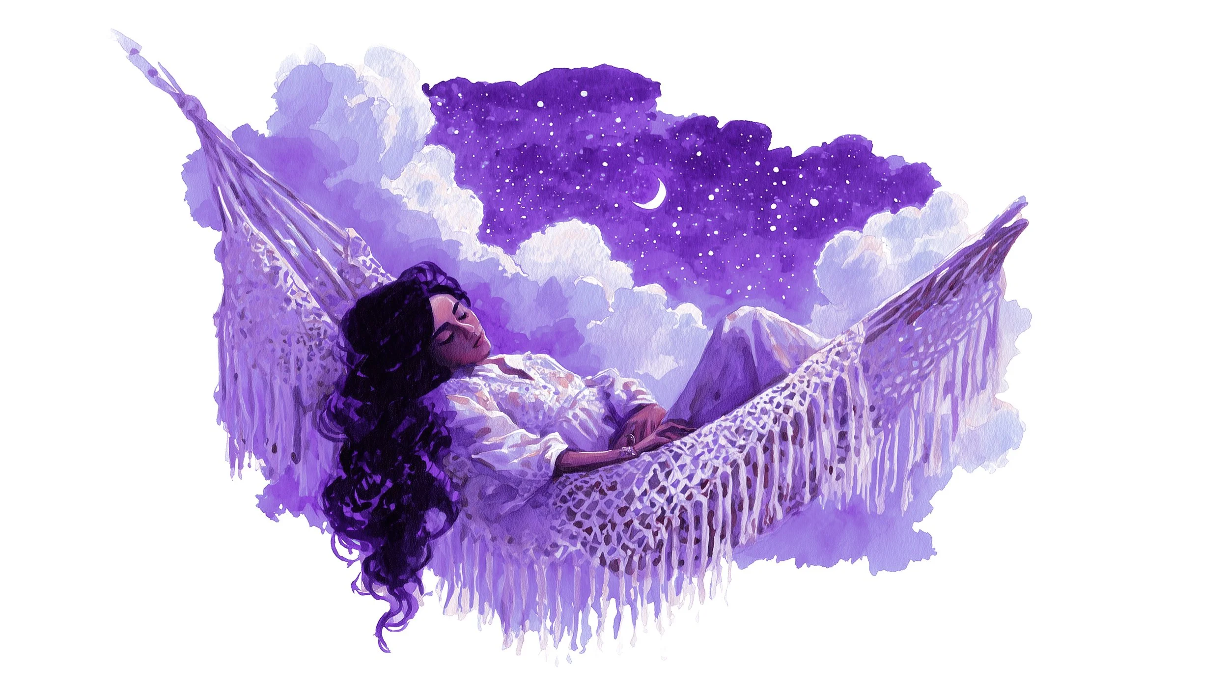 Une femme nue avec de longs cheveux noirs, allongée dans un hamac blanc, endormie sous un ciel étoilé avec la lune, entourée de nuages violets et blancs.