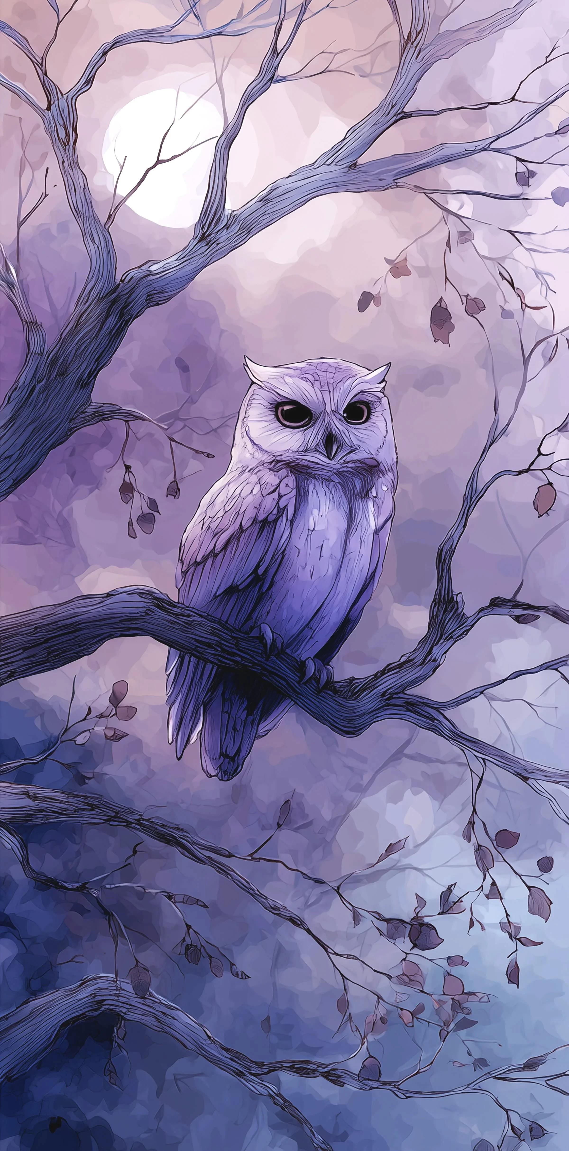 Une chouette perchée sur une branche d'arbre, dans un paysage nocturne avec la lune brillante en arrière-plan. Style artistique avec des tons violets et bleus.