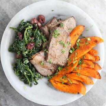 Braised Brisket with Roasted Carrots and Spinach with Olives