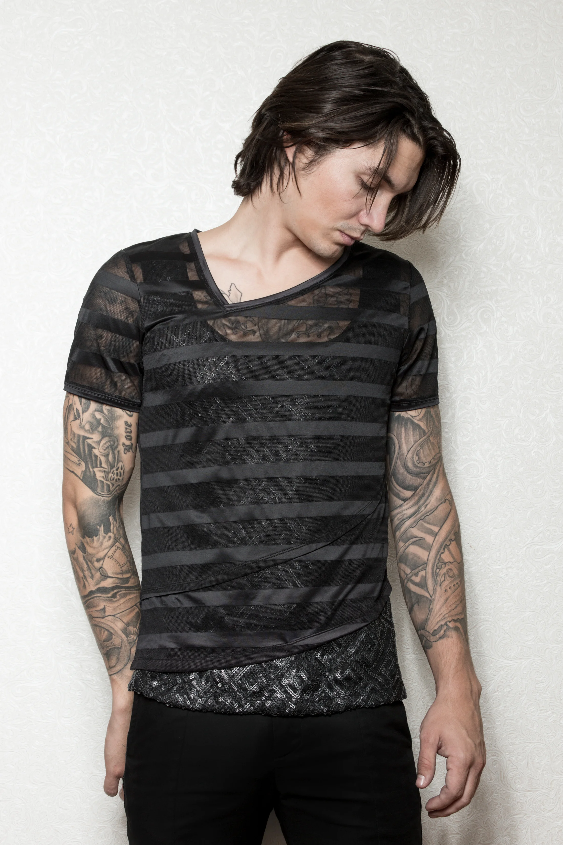 MESH SHIRT WITH SEQUIN UNDERLAY