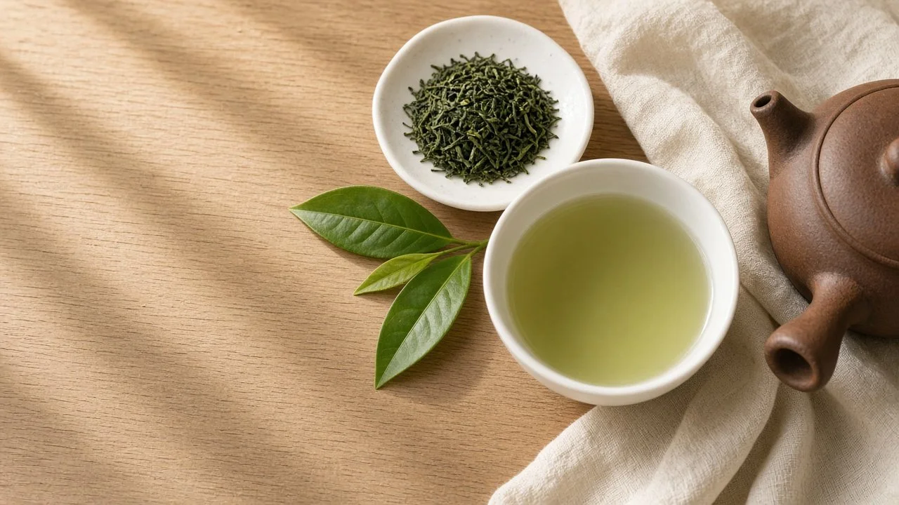 A cup of pale green tea beside a dish of loose sencha leaves and a small clay teapot