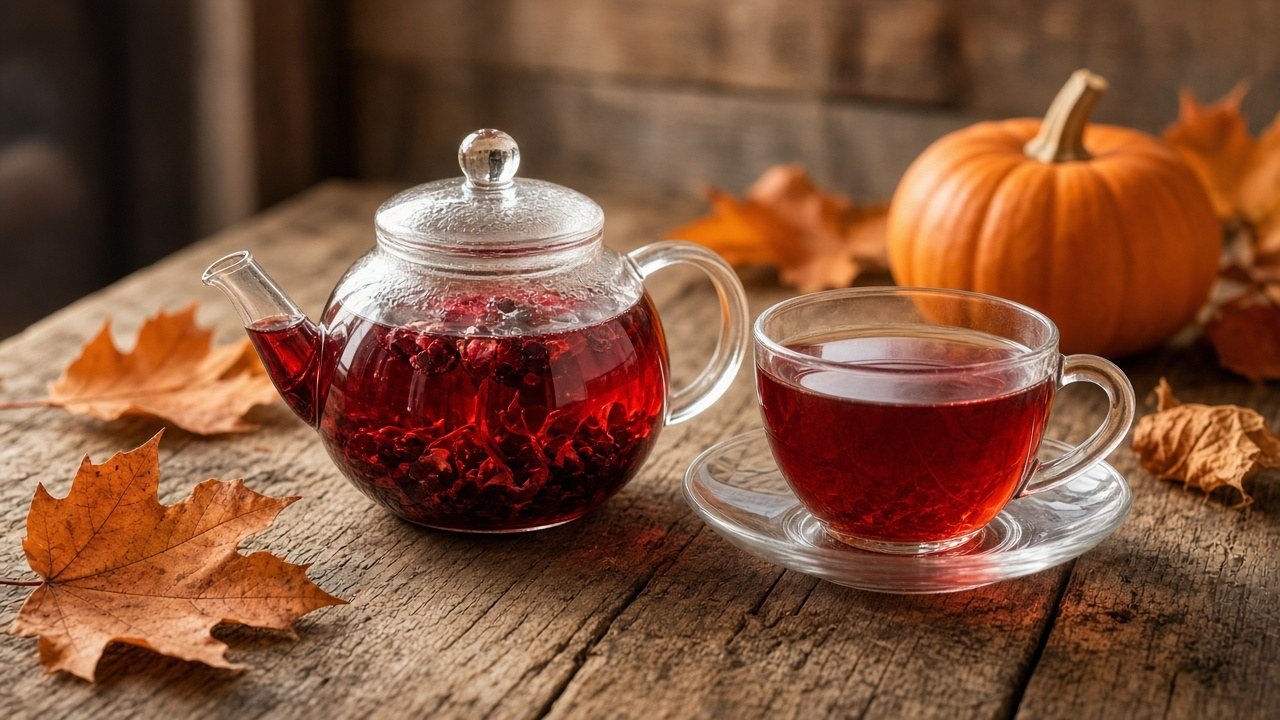 A glass teapot of ruby-red caffeine-free berry herbal tea with a filled cup, a few autumn leaves and a small pumpkin on a wooden table.