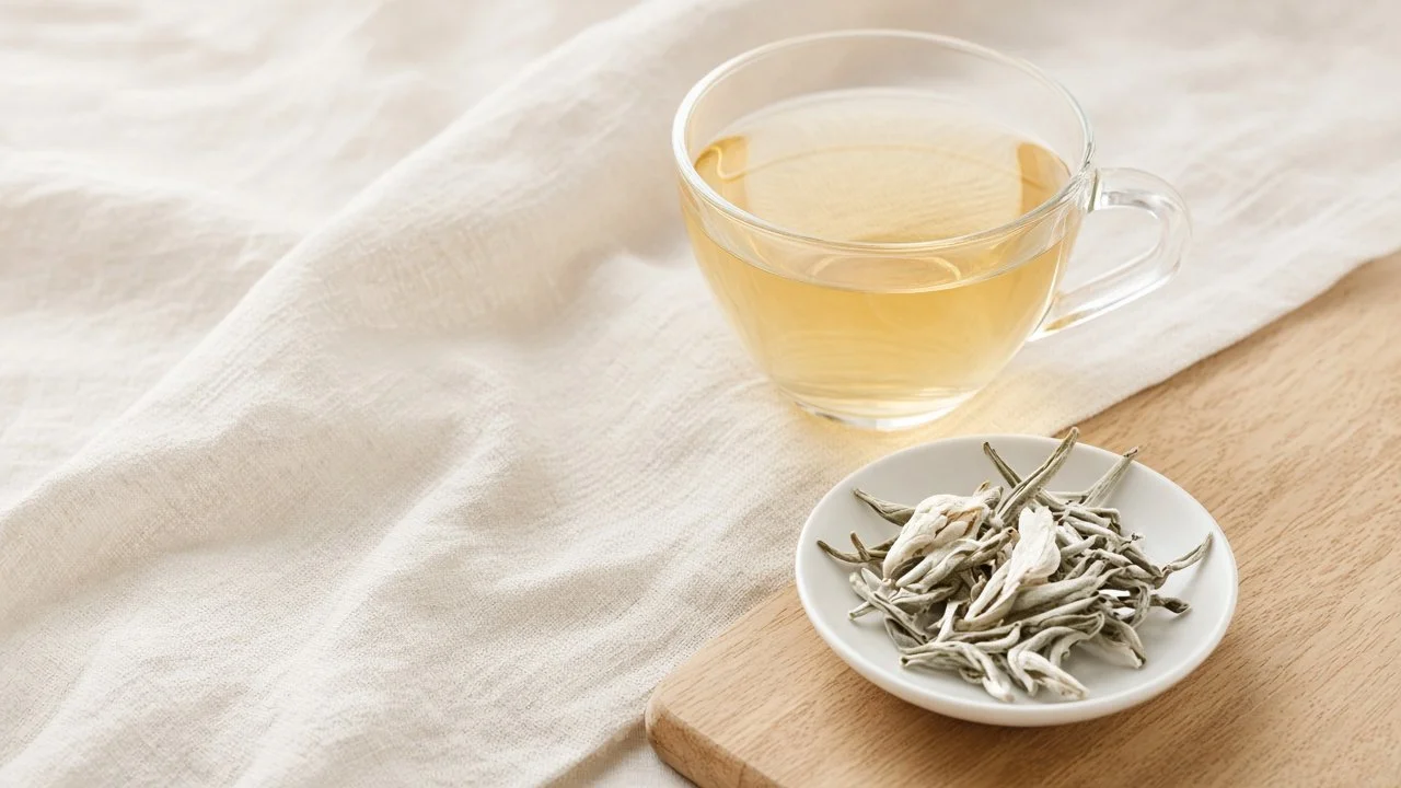 A glass cup of pale golden white tea on cream linen beside a small dish of silvery downy white tea buds