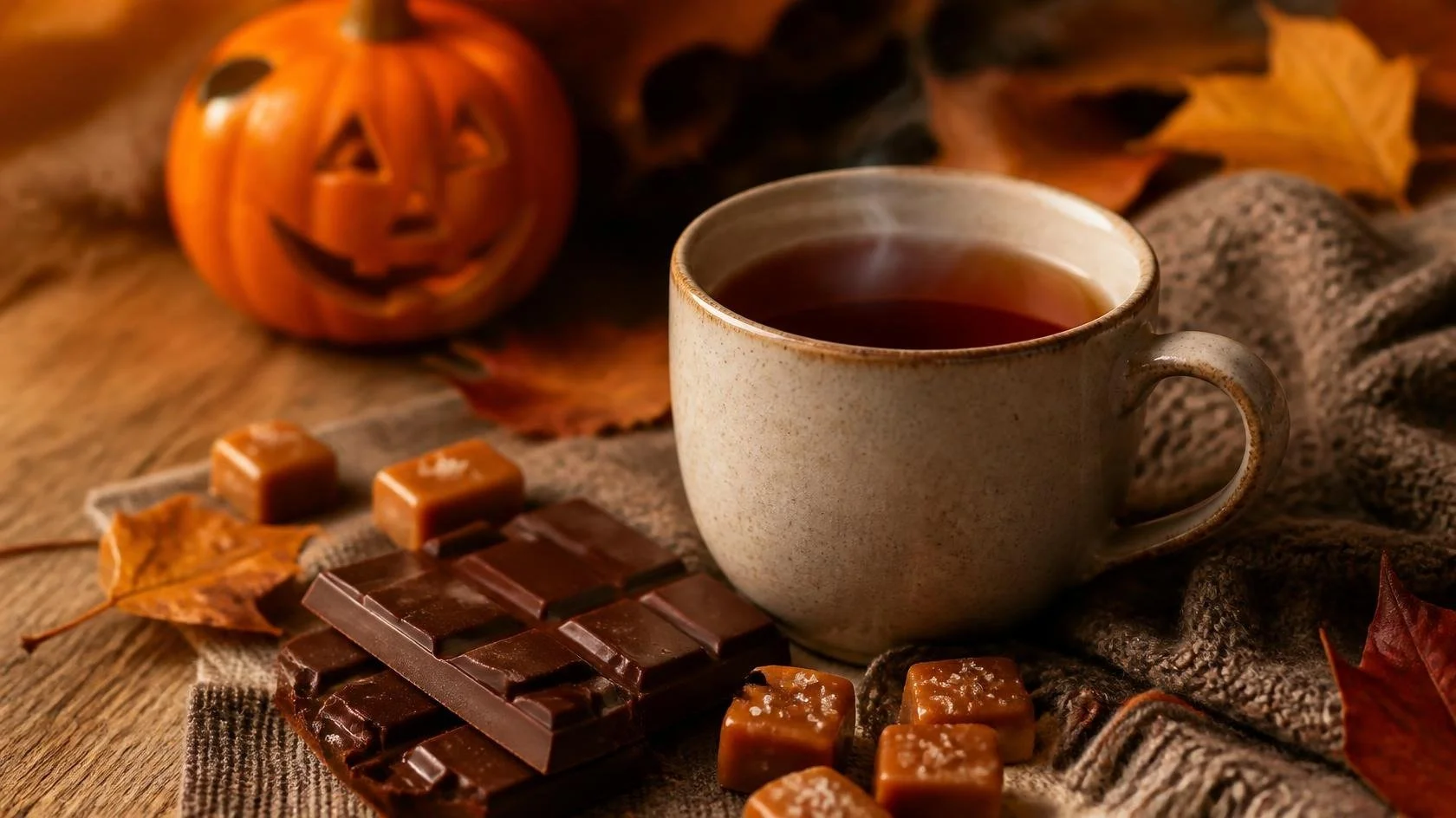 Mug of tea with Halloween chocolate and caramel