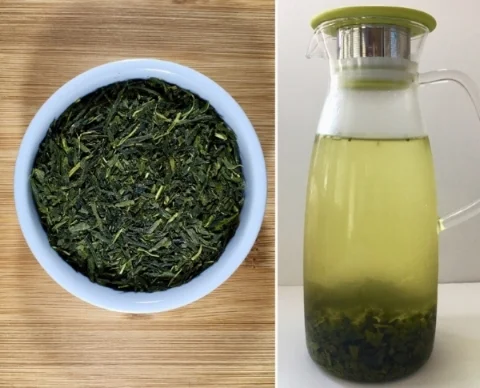 Cold-brewed Sencha green tea in a glass pitcher